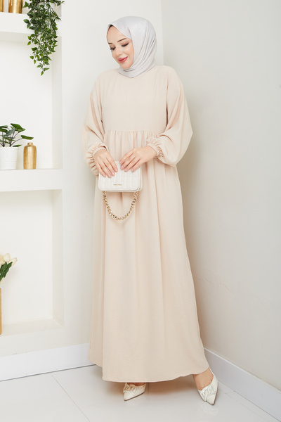 Sakara Collection tesettür bol kesim elbise kol ağzı lastikli bel den büzgülü uzun boy