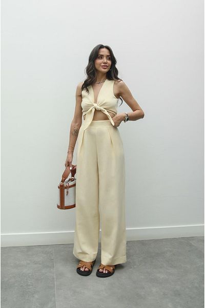Havoş Yellow Tie-Up Crop Pants Set