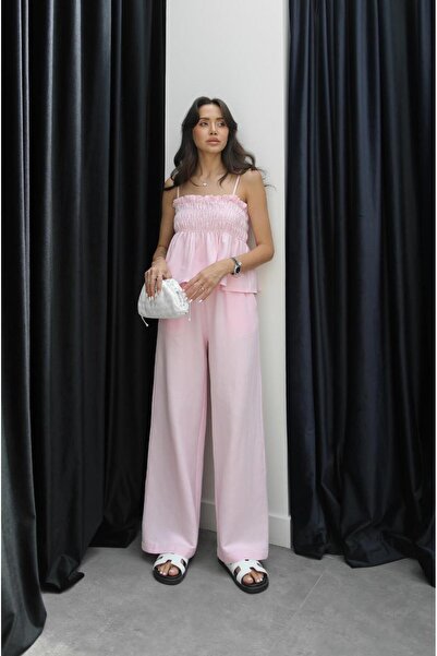 Havoş Pink Gipeli Blouse Trousers Linen Suit