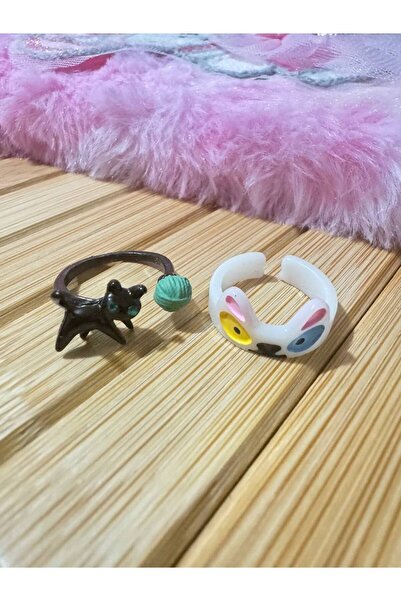 Herşey Nota Sevimli Karikatür Kedili İkili Çocuk Yüzük Seti – Sabit Ölçülü Re...