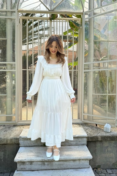 HELİS BUTİK Denise Ecru Dress with Guipure Detail at Neck and Hem (Heli̇s Special Design)