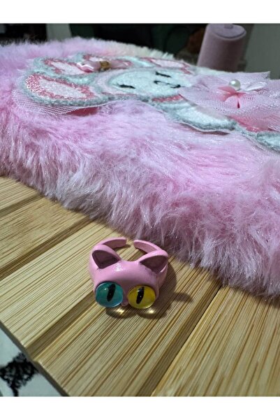 Herşey Nota Sevimli Karikatür Renkli Gözlü Pembe Kedi Figürlü Çocuk Yüzük – S...