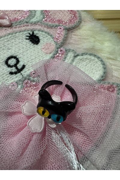 Herşey Nota Children's Ring with Cute Cat Figure with Black Eyes – Adjustable Resin Cartoon Jewelry