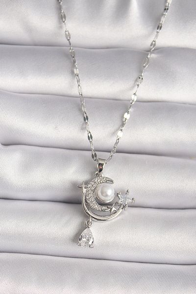 Avantaj Kapıda ®   316L Steel Silver Color Zircon Stone Moon Star Dangle Detail Women's Necklace