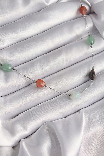 Avantaj Kapıda ®   316L Steel Silver Color Chain Colorful Natural Stone Model Women's Necklace