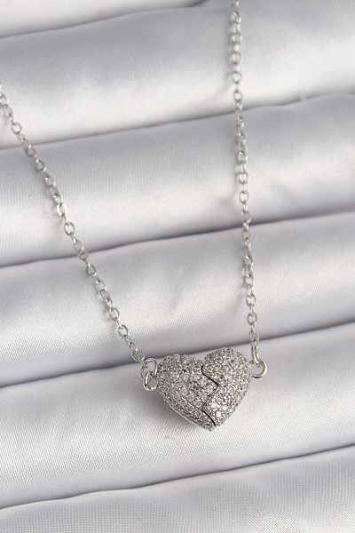 Avantaj Kapıda ®   316L Steel Silver Color Zircon Stone Magnet Heart Model Women's Necklace