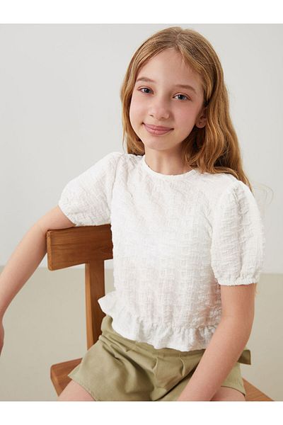 LC Waikiki Lcw Kids Ecru Crew Neck Ruffle Detail Girls Crop T-Shirt S5Fd52Z4Nvy25