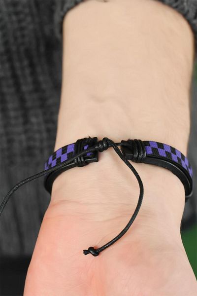Avantaj Kapıda ®   Purple Color Checkered Leather Men's Bracelet