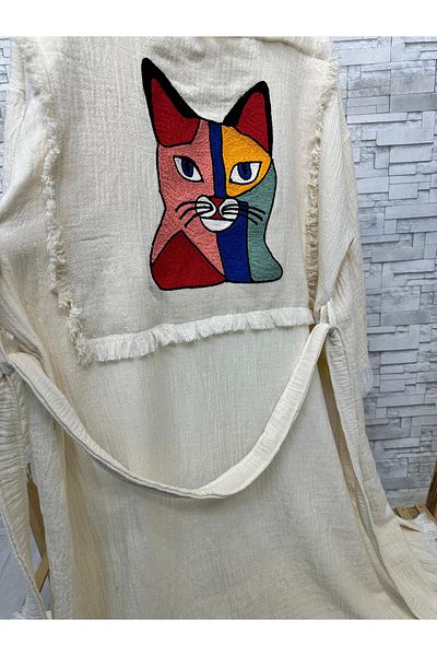 Befera Design Muslin Kimono Handmade Embroidery Embroidered 100% Cotton Cat Pattern Bathrobe Kaftan Dressing Gown