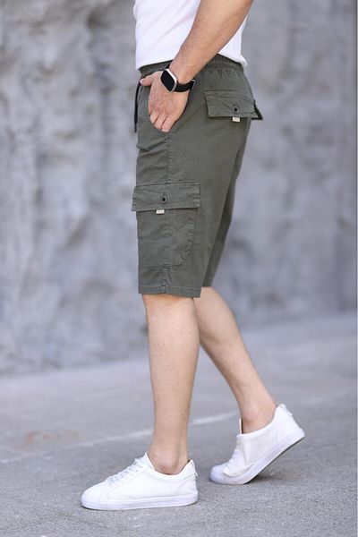 XORVİO Ανδρικό Lycra Gabardine Κομψό Ποιότητας Χακί Σορτς με Τσέπες Βαμβακερή Ελαστική Μέση