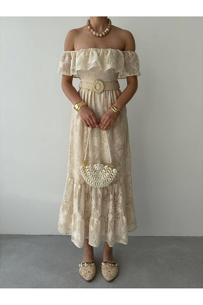 Femistik Women's Belted Embroidery Embroidered Madonna Collar Midi Dress