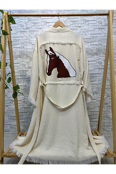 Befera Design Muslin Kimono Handmade Embroidery Embroidered 100% Cotton Horse Patterned Bathrobe Kaftan Dressing Gown
