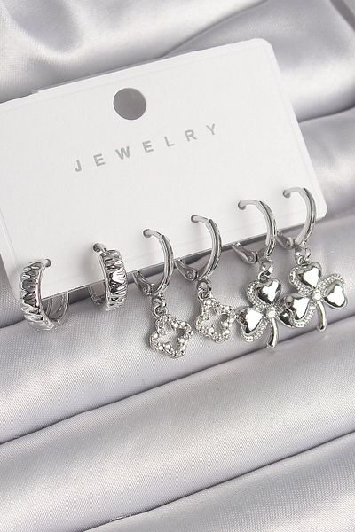 Avantaj Kapıda ®   Brass Silver Color Dangle Zircon Stone Clover Model Women's Earring Set