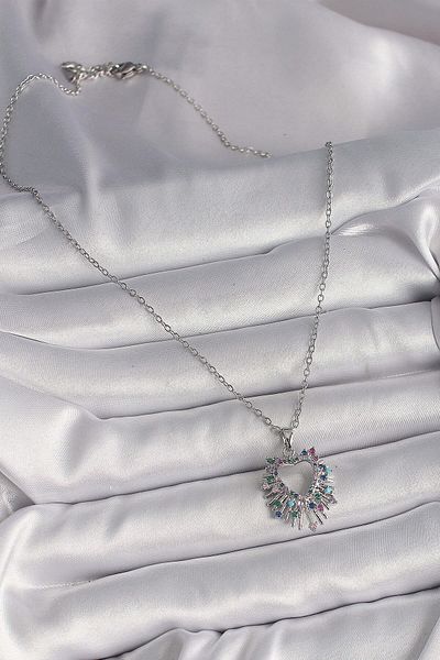 Avantaj Kapıda ®   316L Steel Silver Color Chain Colorful Zircon Stone Heart Model Women's Necklace