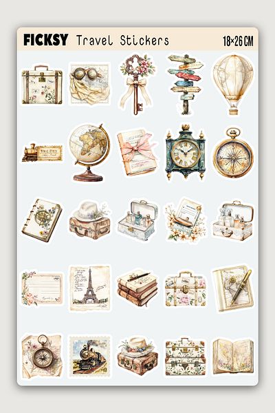 Ficksy Vintage Travel Themed Sticker Set - 25 Pieces Travel Label Stickers