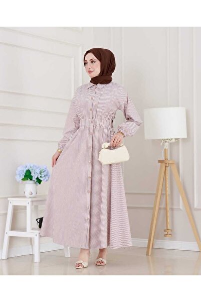 Genel Markalar Boydan Düğmeli Çizgili Gömlek Elbise