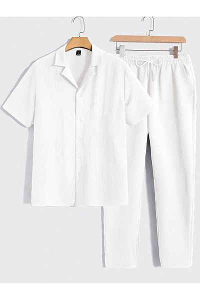 viperkombin Men's Short Sleeve Shirt and Pants 2-Piece Summer Suit Wrinkle Fabric