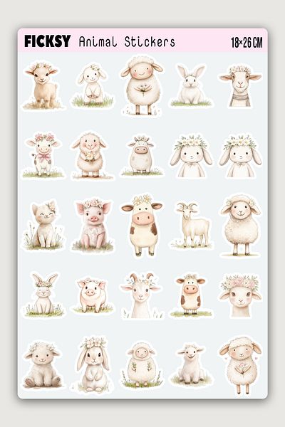Ficksy Cute Farm Animals Sticker Set - 25 Pieces Label Stickers