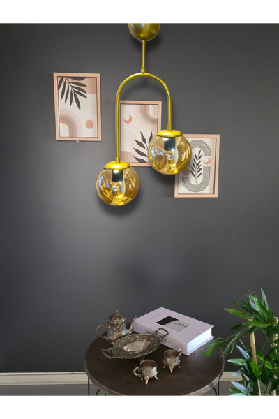 Luzarana Mira Avize Modern Metal 2’li Sarı Avize Bal Renk Cam Başlıklı Salon & Yatak Odası Aydınlatması