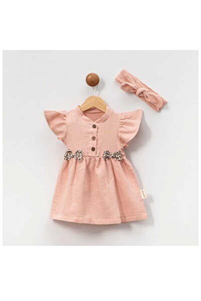 popshops baby Leopard Bow Detailed Headband Muslin Fabric Baby Girl Dress