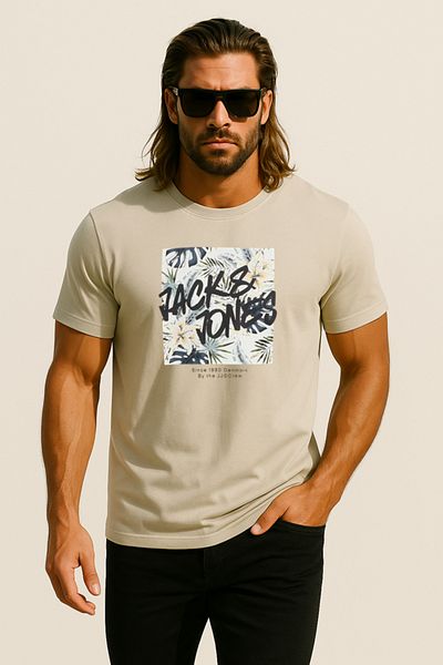 Jack & Jones Ανδρικό μπλουζάκι με τυπωμένο λογότυπο μπεζ