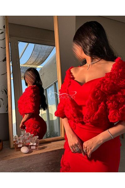 ALANOOD FASHION Luxurious red evening dress with a flowing fish design