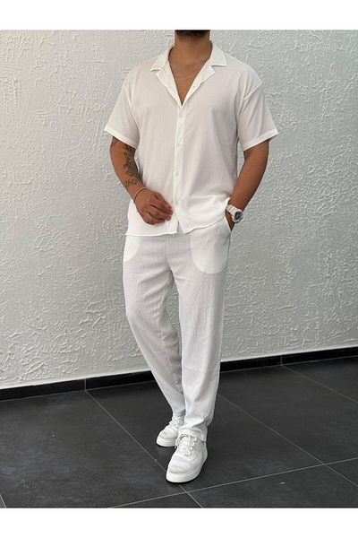 viperkombin Men's Short Sleeve Shirt and Pants 2-Piece Summer Suit Wrinkle Fabric