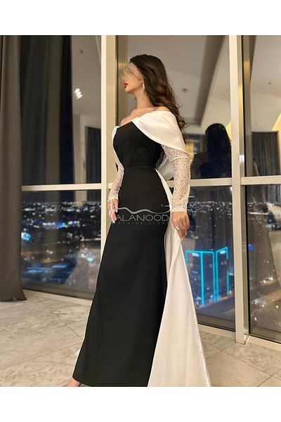 ALANOOD FASHION Ahlam evening dress, black and white, with sequined sleeves