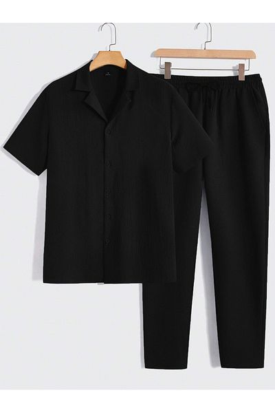 viperkombin Men's Short Sleeve Shirt and Pants 2-Piece Summer Suit Wrinkle Fabric