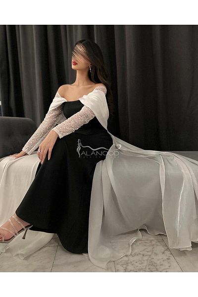 ALANOOD FASHION Ahlam evening dress, black and white, with sequined sleeves