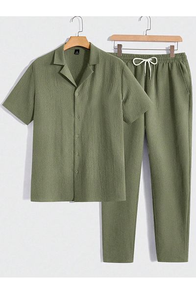 viperkombin Men's Short Sleeve Shirt and Pants 2-Piece Summer Suit Wrinkle Fabric