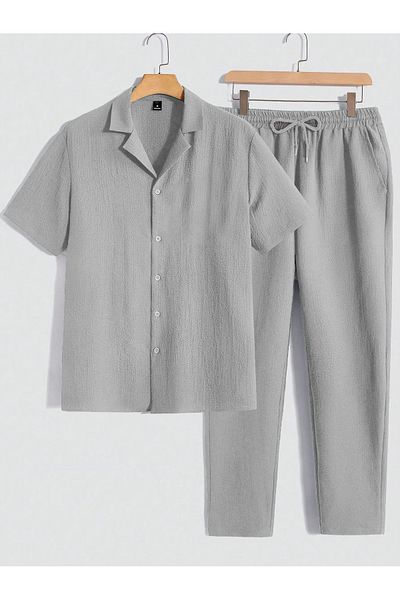 viperkombin Men's Short Sleeve Shirt and Pants 2-Piece Summer Suit Wrinkle Fabric