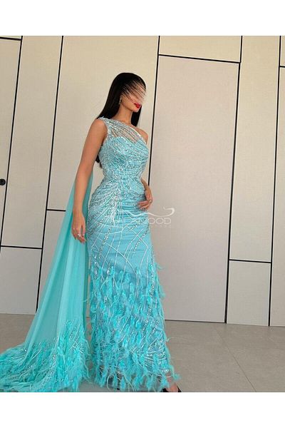 ALANOOD FASHION Luxurious turquoise evening dress decorated with elaborate embroidery