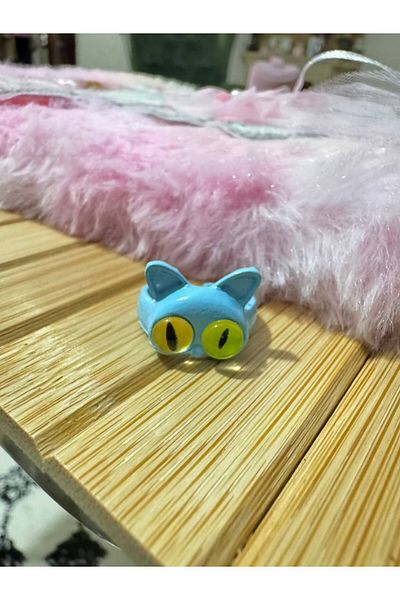 Herşey Nota Punk Style Cute Turquoise Cat Figured Children's Ring – Cartoon Style Resin Fixed Size