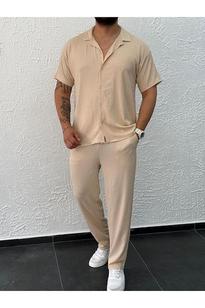 viperkombin Men's Short Sleeve Shirt and Pants 2-Piece Summer Suit Wrinkle Fabric