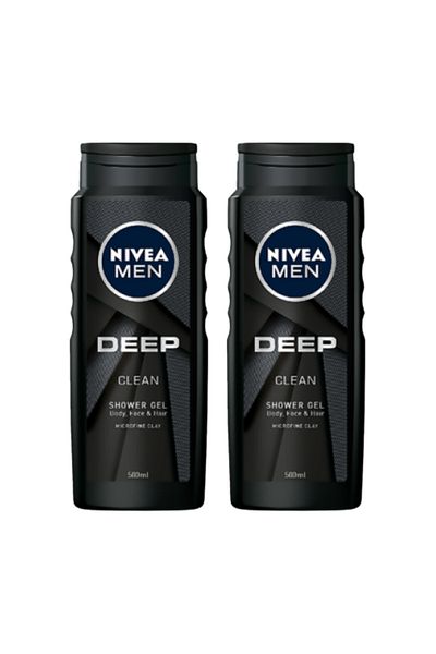 NIVEA Men Deep Black Shower Gel Set, with Microfine Clay, 2 Pieces x 500 ml