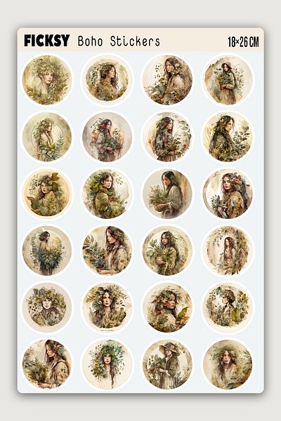 Ficksy Boho Woman Portrait Sticker Set - 60 Pieces of Sticker Stickers