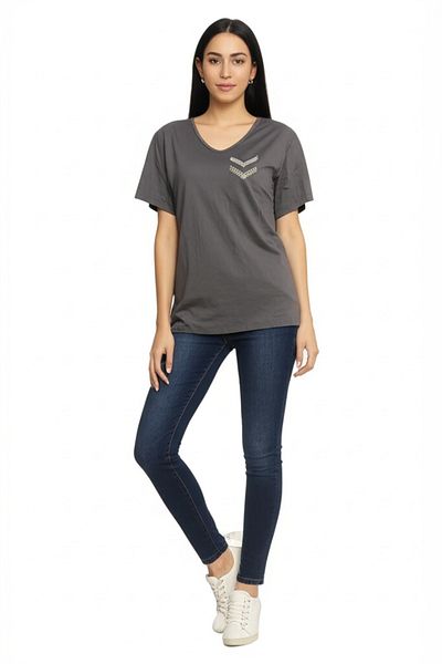 DHDmoda Women's V-Neck Stone Detailed Viscose Loose Half Sleeve Gray Blouse