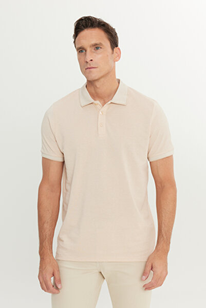 AC&Co / Altınyıldız Classics Ανδρικό μπλουζάκι με γιακά polo - Βαμβακερό που δεν συρρικνώνεται, λεπτή εφαρμογή, ανοιχτό μπεζ-λευκό, χωρίς μπούκλες