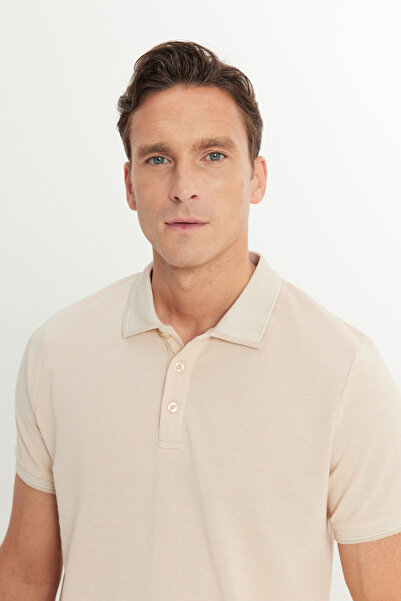 AC&Co / Altınyıldız Classics Ανδρικό μπλουζάκι με γιακά polo - Βαμβακερό που δεν συρρικνώνεται, λεπτή εφαρμογή, ανοιχτό μπεζ-λευκό, χωρίς μπούκλες