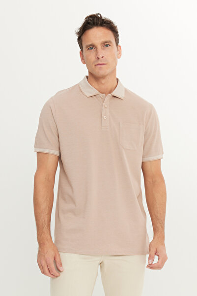 AC&Co / Altınyıldız Classics Men's Non-Shrinking Cotton Fabric Comfort Fit Relaxed Cut Beige-White Non-Curling Polo Neck Pocket T-Shirt