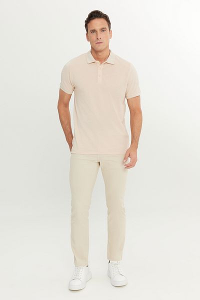 AC&Co / Altınyıldız Classics Ανδρικό μπλουζάκι με γιακά polo - Βαμβακερό που δεν συρρικνώνεται, λεπτή εφαρμογή, ανοιχτό μπεζ-λευκό, χωρίς μπούκλες