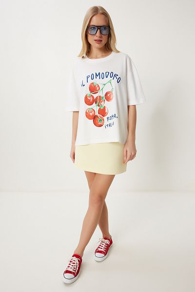 Happiness İstanbul Ecru bedrucktes Baumwoll-Oversize-Strick-T-Shirt für Frauen YY00237