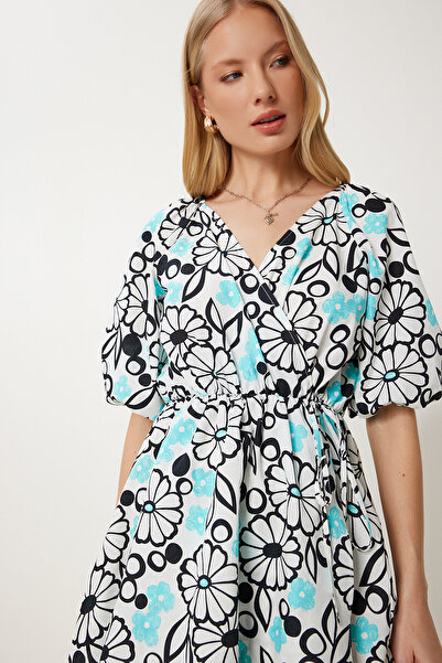 Happiness İstanbul Rochie de vară cu imprimeu cu guler înfășurat alb albastru pentru femei FK00022