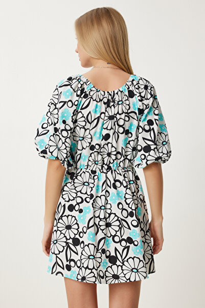 Happiness İstanbul Rochie de vară cu imprimeu cu guler înfășurat alb albastru pentru femei FK00022