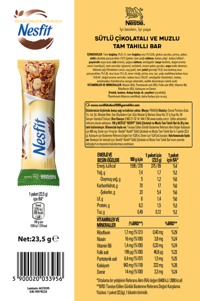 Nesfit Nestlé Nesfit Sütlü Çikolatalı ve Muzlu Tam Tahıllı Bar 32x23,5g