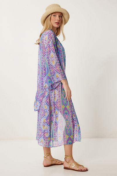 Happiness İstanbul Damen-Kimono aus Chiffon mit lila-grünem Muster und Gürtel FG00022