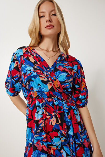 Happiness İstanbul Kadın Mavi Bordo Anvelop Yaka Desenli Yazlık Viskon Elbise ZV00319