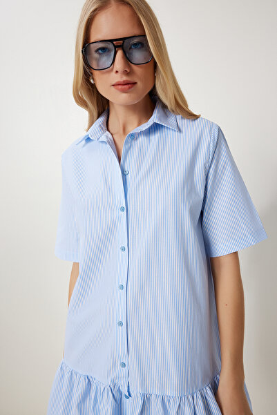 Happiness İstanbul Kadın Gök Mavi Beyaz Çizgili Volanlı Gömlek Elbise FG00023