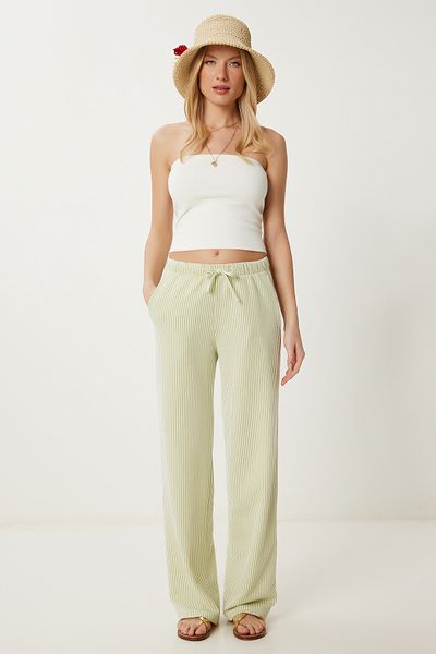 Happiness İstanbul Damen-Strickhose mit weitem Bein, Pistaziengrün, Knochenstreifen, HW00018